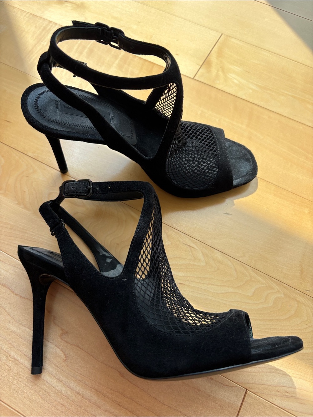 Alexander Wang Suede Black Mesh T-Strap Heels